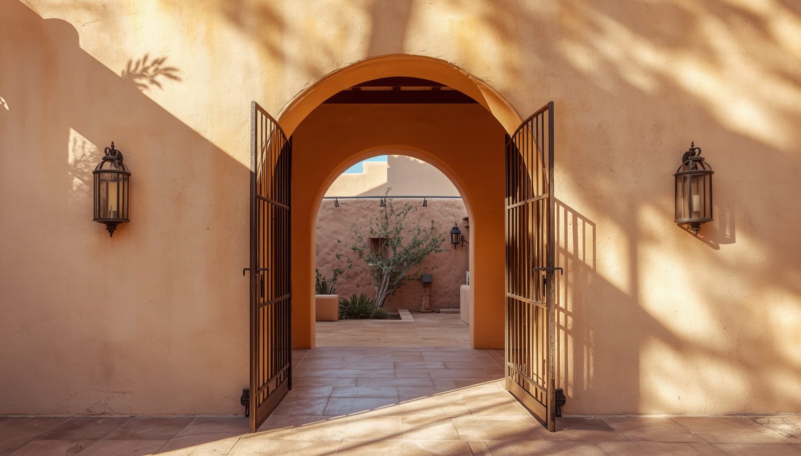 A warm adobe archway with iron gates opening onto a sunlit courtyard — entryway, place, threshold.
