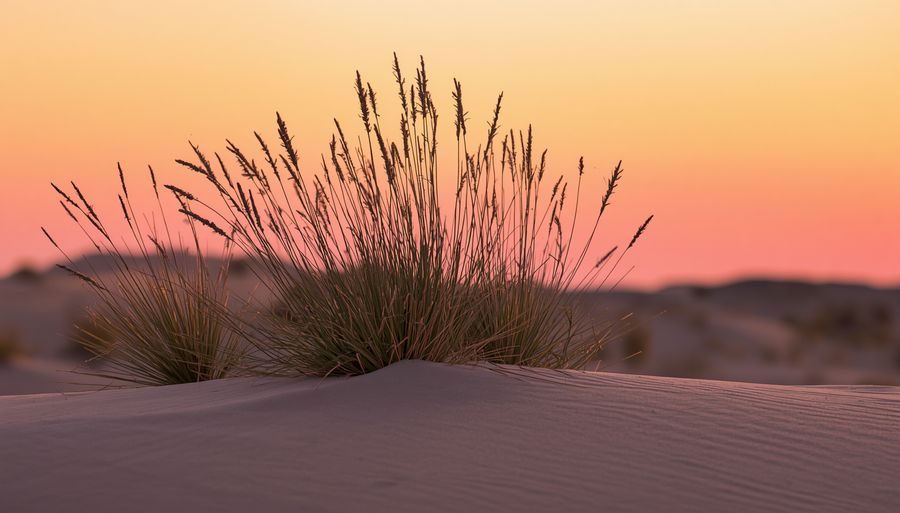 Two clumps of desert grass against a soft sunset sky — together, illuminated, distinct.
