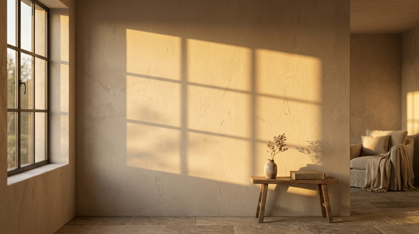 A quiet earthen room with warm window light, a wooden bench, and dried grasses — the kind of space therapy should feel like.