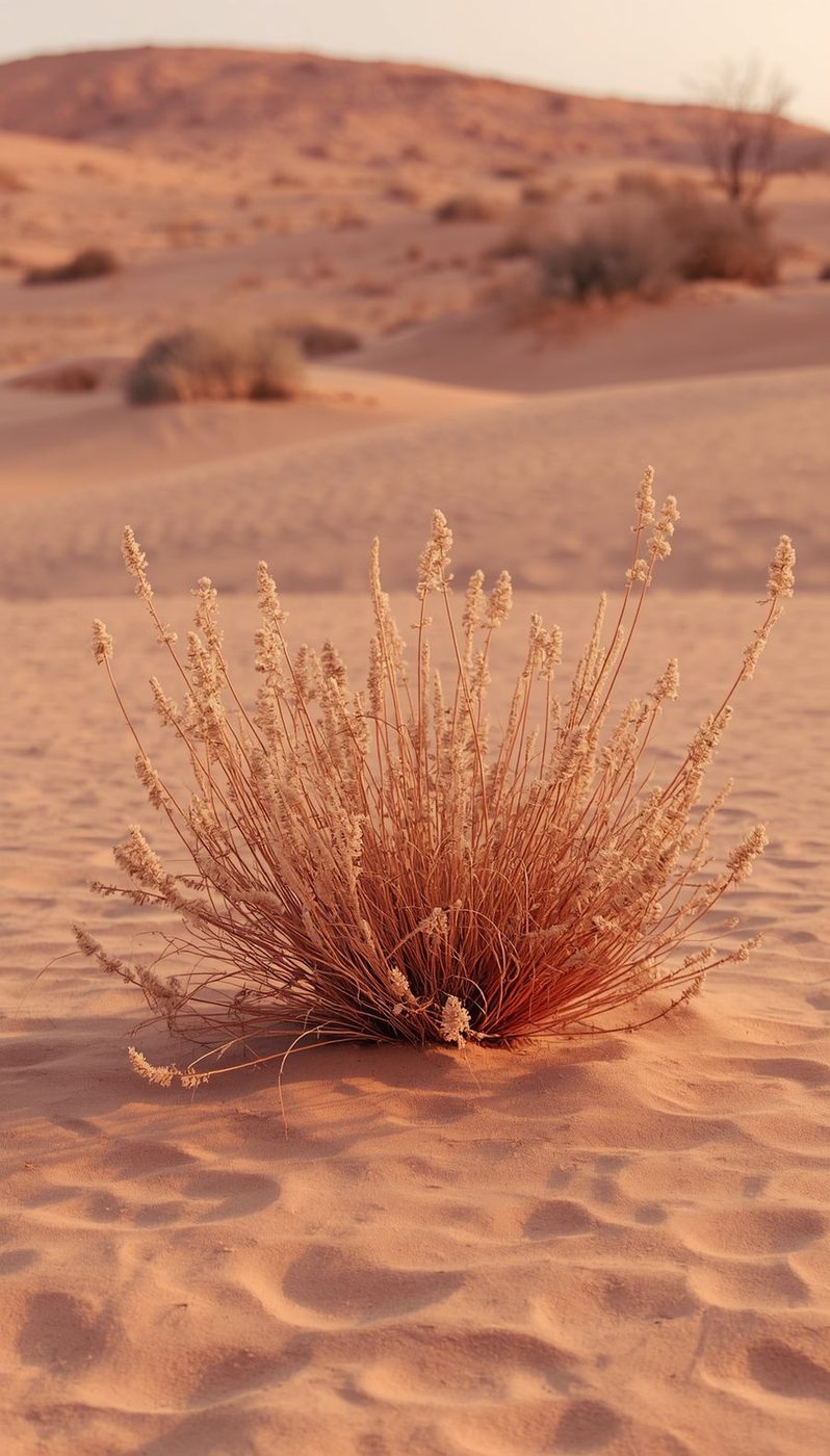 A lone resilient plant rooted in warm desert sand — solitary, steady, alive.