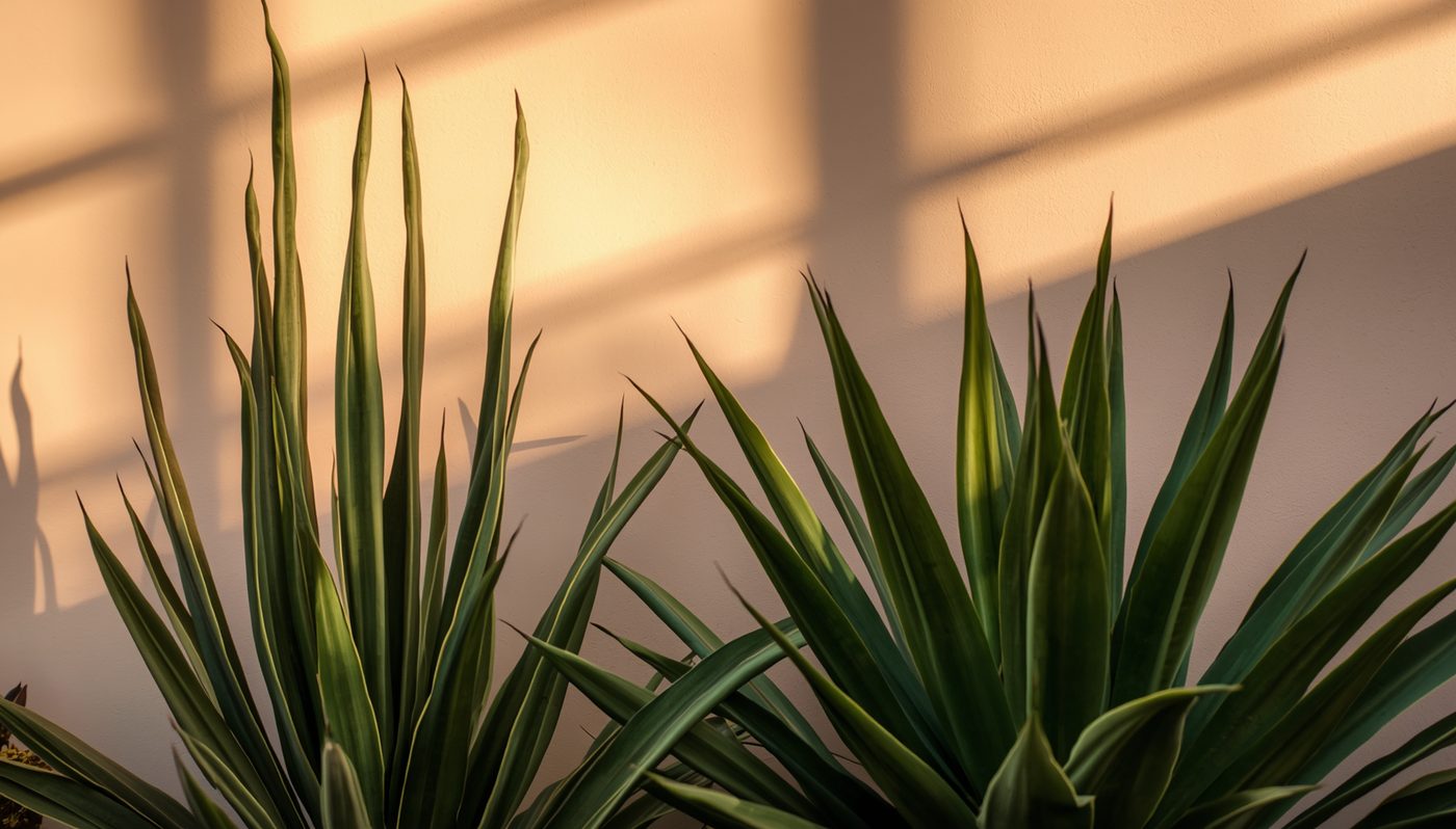 Snake plants standing tall in warm window light — quiet, grounded, alive.