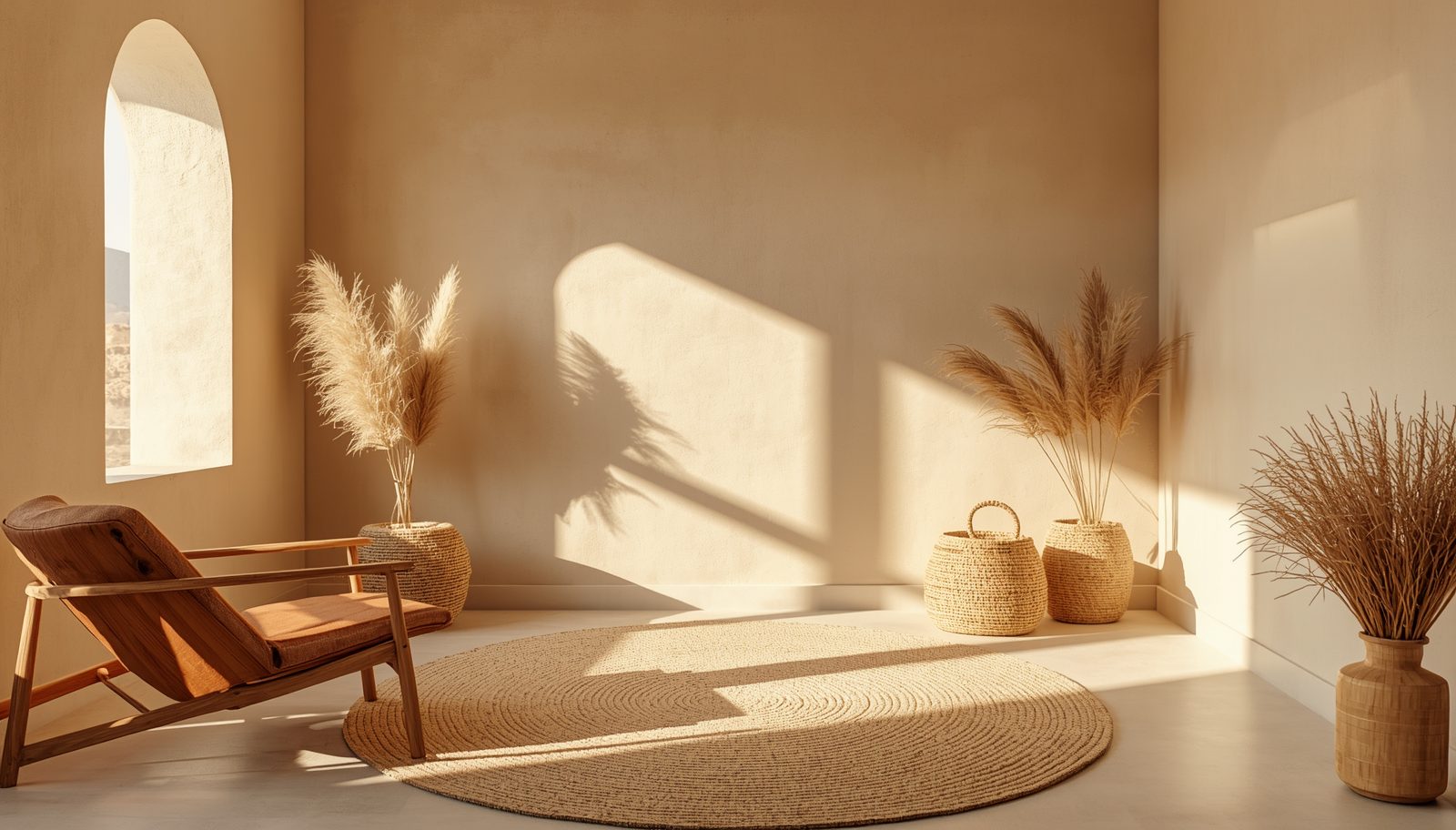 A warm earthen room with a wooden chair, pampas grass in jute baskets, and arched window — the kind of room therapy should feel like.